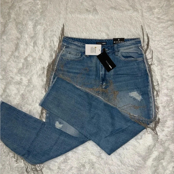 NWT Fashion Nova Fringe Jeans Western size Womens 9 Western Wear Bedazzled Pants - Picture 1 of 5